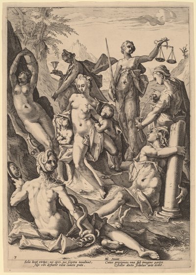 De sju dygderna av attributed to Jacob Matham, after Hendrik Goltzius