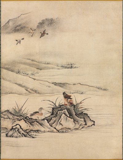 Blommor och fåglar i ett vårlandskap av attributed to Kano Motonobu