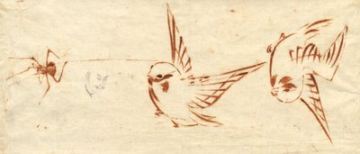 Skisssida med fåglar och spindel av attributed to Katsushika Hokusai