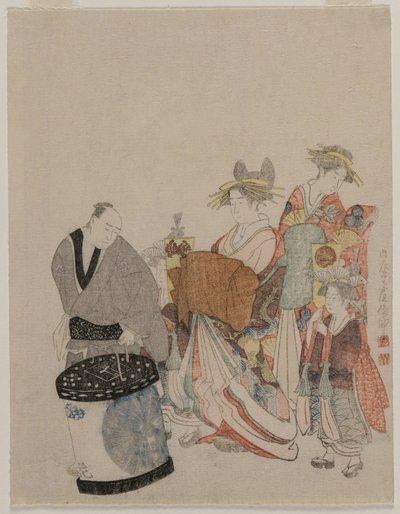 Kurtisan på stan med skötare på natten av attributed to Kubo Shunman