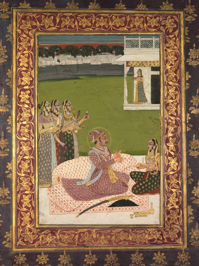 Porträtt av Maharaja Savant Singh med gemål, Bani Thani av attributed to Nihal Chand