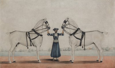 En Syce-brudgum som håller två vagnshästar, ca. 1845. av attributed to Shaikh Muhammad Amir of