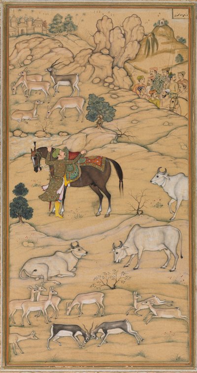 Akbar sätter upp sin häst; sida från Chester Beatty Akbar Nama (Akbars historia) av attributed to Sur Das Gujarati