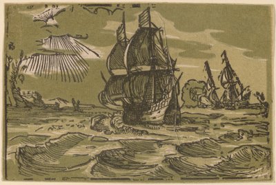 Två tremästarskepp utanför en kustlinje av attributed to workshop of Willem Jansz. Blaeu