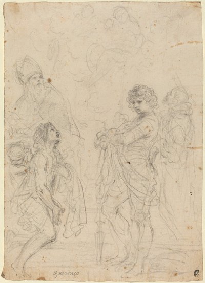 Madonna och barn med de heliga Gimignano, Johannes Döparen, George och Peter Martyr av called Guercino Giovanni Francesco Barbieri