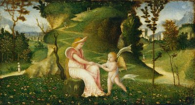 Venus och Amor i ett landskap av circle of Giorgione