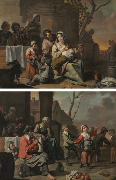 Vintage scen och bondebarn som dansar (målningspar) av circle of Le Nain