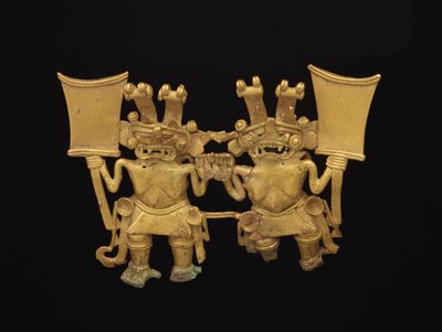 Hänge med två figurer, c.700-1520 (guld-kopparlegering tumbaga) av culture Diquis