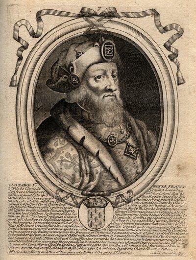 Porträtt av Clotaire (Clothaire) I (497 - 561), kung av Neustrien och kung av frankerna - Clothar I, frankernas kung - gravyr från 