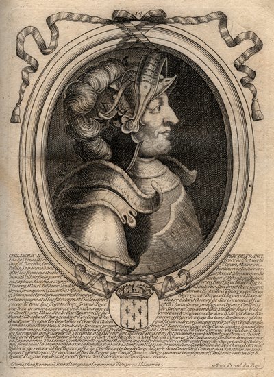 Porträtt av Childeric II, kung av frankerna från 670 till 673 - CHILDERIC II 655-675 kung merovinger av Frankrike och Austrasien - gravyr från 