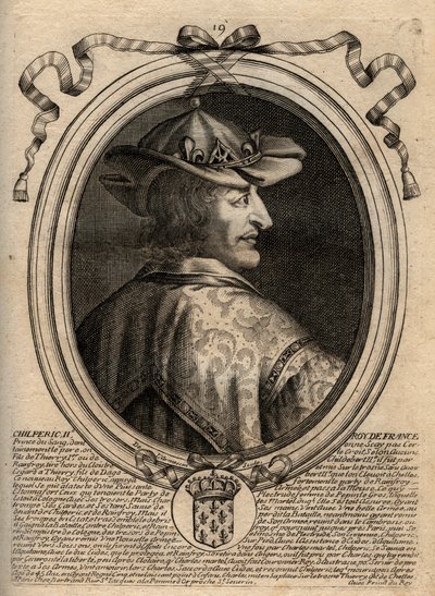 Porträtt av Chilperic II (ca 670 - 721), kung av Neustrien - CHILPERIC II kung av frankerna - gravyr från 