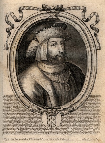 Porträtt av Clotaire (Clothaire) II (584 - 628), kung av Neustrien och kung av frankerna - Clotaire eller Chlotar II (d.629) Frankernas kung - gravyr från 