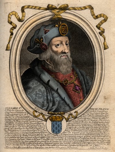 Porträtt av Clotaire (Clothaire) I (497-561), kung av Neustrien och kung av frankerna - Clothar I, frankernas kung - gravyr från 