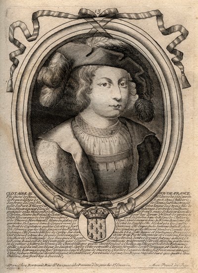 Porträtt av Clothaire III (652 - 673), kung av Neustrien och Bourgogne - Chlothar III eller Clotaire III, frankernas kung från merovingernas hus - gravyr från 