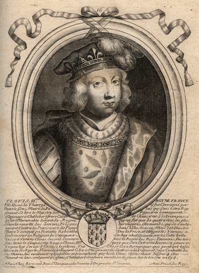 Porträtt av Clovis III, kung av frankerna från 691 till 695 - CLOVIS III Merovinger kung av Neustrien och Austrasien - gravyr från 