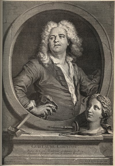 Porträtt av Guillaume Coustou (1677-1746) fransk skulptör - gravyr av Larmessin efter J.de Lien av de Larmessin