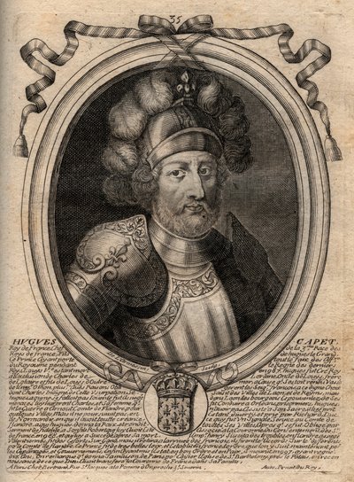 Porträtt av Hugues I Capet (ca 941 - 996), hertig av Frankrike och sedan kung av Frankrike - Porträtt av Hugues I Capet (c.941-996), kung av Frankrike - gravyr från 