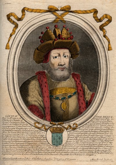 Porträtt av Ludvig II Begue eller Svimningen (846 - 879), Frankernas kung - Ludvig II Stammeraren 848 till 879 - gravyr från 