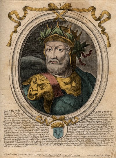 Porträtt av Merovee eller Merovech, franckung (v448-v458), första kung av den merovingerska rasen - Porträtt av Merovech (Meroveus) (d456) Kung av Salian Franks - gravyr från 