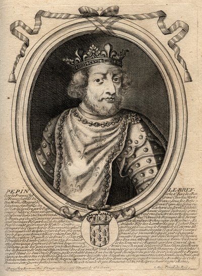 Porträtt av Pepin III dit Pepin le Brief (714-768) kung av Frankrike - Pepin III (714-68) (Pepin den Korte) Frankens kung - gravyr från 