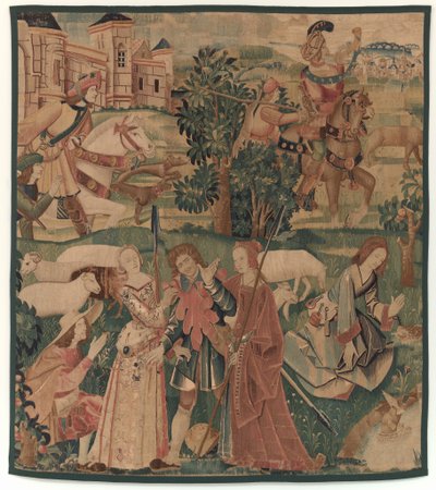 Jakt och pastorala scener, med en skrattande man mellan damer av design probably French 16th Century, Paris; woven in southern Netherlands or Paris in an undetermine workshop
