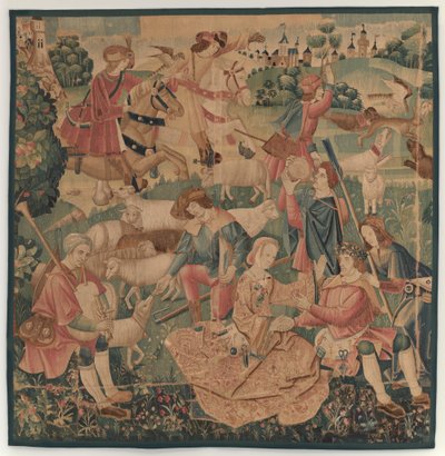 Jakt och pastorala scener, med en kransad hjälte mellan damer av design probably French 16th Century, Paris; woven in southern Netherlands or Paris in an undetermine workshop