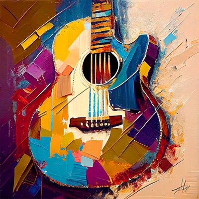 Abstrakt musikkonst, elgitarrmålning i fyrfärg, canvastavlor av F. Abderrahim