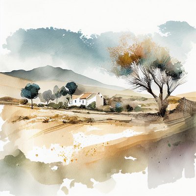 Abstrakt akvarelllandskap södra Spanien, väggram | Canvastavlor av F. Abderrahim