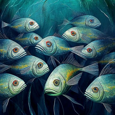 Canvas fiskar i havsvatten, abstrakt målning av F. Abderrahim
