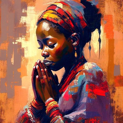 Digital canvasmålning: Afrikansk flicka i meditation, väggkonsttryck av F. Abderrahim