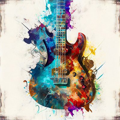 Musikkonsttryck : Elgitarrmålning på duk av F. Abderrahim