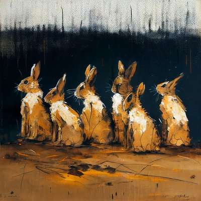 Kaniner målar med figurativ stil, väggkonsttryck av F. Abderrahim