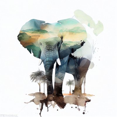 Akvarell elefant och afrikansk savannmålning, väggkonsttryck av F. Abderrahim