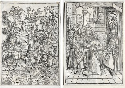 Skattvaktaren: Moses hittad av faraos dotter (recto); Skattvaktaren: Kristus före Kaifas (verso) av firm of Christophe Philippe Oberkampf