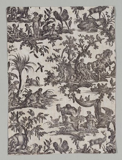 Fragment av koppartryckt bomull med "Les quatres parties du monde" Design av firm of Christophe Philippe Oberkampf