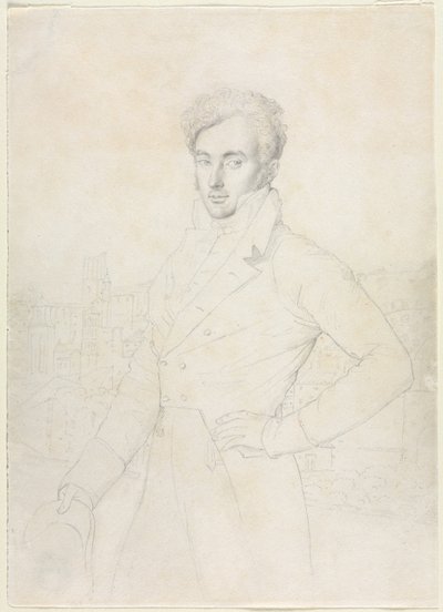Porträtt av en ung man som står på Quirinal med Turris Comitum i bakgrunden av follower of Jean Auguste Dominique Ingres