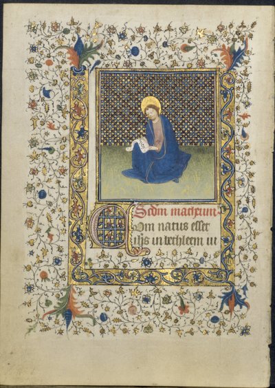 Blad från en timbok: St. Matteus av follower of Limbourg Brothers