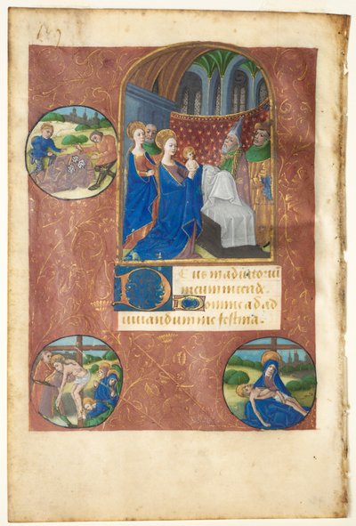 Blad från en timbok: Presentation i templet med rundlar av lottning, avsättningen och Pietà (Ingen, Jungfruns kontor) av follower of Master of Adélaïde de Savoie