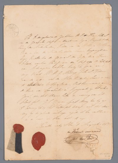 Tygstycke från uniformskjolen till J.C.J. van Speyk med bifogade härkomstbevis av jonkheer H. E. de Boer