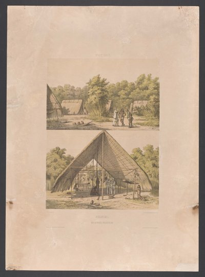 Arowak läger i Surinam Surinam. An Arowakka Indian Camp (titel på objekt) Västindien (serietitel på objekt) Utsikter från Nederländernas Västindien (serietitel) av jonkheer Jacob Eduard van Heemskerck