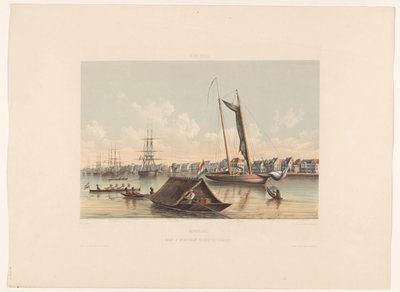 Strandnära och väggård i Paramaribo Surinam. Utsikt över vattenkanten och väggården i Paramaribo (titel på objektet) av jonkheer Jacob Eduard van Heemskerck