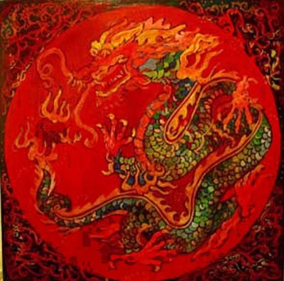 Dragon, 2016 (blandteknik, akryl, bläck, olja) av linda arthurs