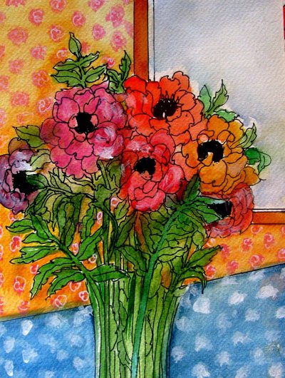 Blommor i vas, 2014 (akvarell, tusch) av linda arthurs