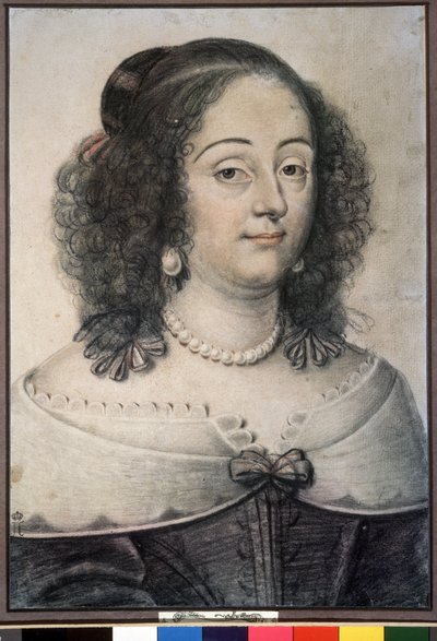 ""Porträtt av en kvinna"" Det här är förmodligen Englands drottning Henriette Marie (1609-1669). Kritteckning av Daniel Dumoustier (eller Dumonstier) (1574-1646) 1640 Pushkin Museum, Moskva av or Dumoustier Daniel Dumonstier
