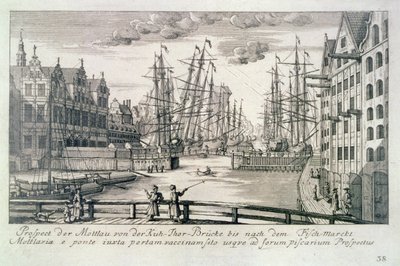 Utsikt över Moltawa från en Krowbro, från "Fifty Views of Gdansk", graverad av Mattheaus Deisch (1724-89) 1761-65 (etsning) av or Lormann Friedrich Anton (after) Lohrmann