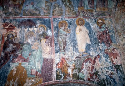 Kristus och helgon, fresk i den bysantinska kyrkan Sotiras Christos, Vlithias, Kreta, Grekland (foto) av Theodore Charles Ange Coquelin