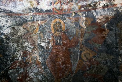 Kristus med änglar och helgon, fresk i kyrkan Panagia, Kitiros, Kreta, Grekland (foto) av Theodore Charles Ange Coquelin