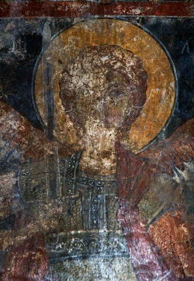 Helgonfigur, fresk i den bysantinska kyrkan Agios Konstantinos och Agia Eleni, Voukolies, Kreta, Grekland (foto) av Theodore Charles Ange Coquelin