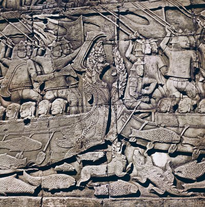 Sjöstrid mellan Cham och Khmer, detalj av en basrelief av Bayon-templet (1200-talet), Angkor Thom, Angkors arkeologiska plats (UNESCO:s världsarvslista av Theodore Charles Ange Coquelin