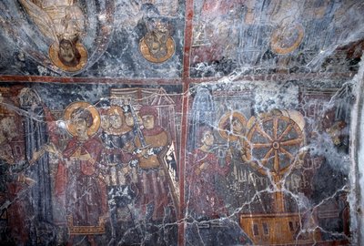 Fresk med religiöst tema, av Ioannis Pagomenos, fresk i den bysantinska kyrkan St George, Anidri, Kreta, Grekland (foto) av Theodore Charles Ange Coquelin